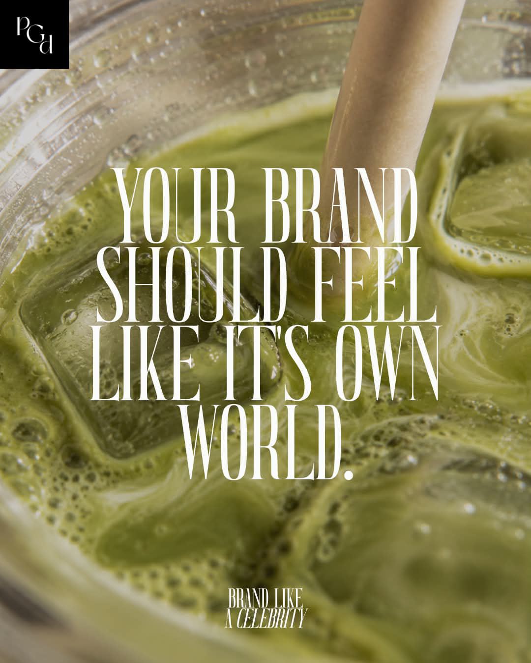 Close-up of an iced matcha with campaign typography layered over it