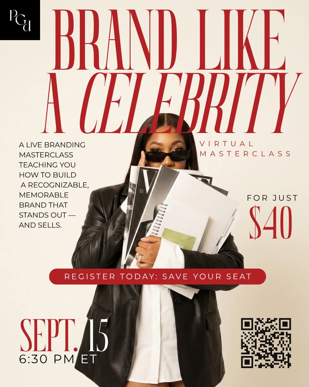 Brand Like a Celebrity campaign announcement with editorial red typography over a cream background